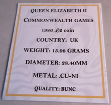 Load image into Gallery viewer, 1986 QEII COMMONWEALTH GAMES  UK ROYAL MINT BUNC £2 COIN ENCAPSULATED WITH COA
