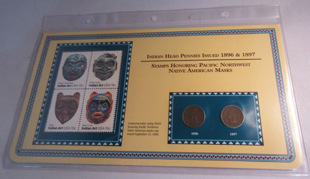 INDIAN HEAD PENNIES ISSUED 1896 & 1897 WITH POSTAGE STAMPS ON ALBUM INFO SHEET