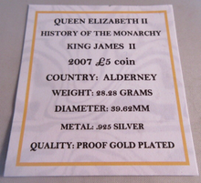 Load image into Gallery viewer, 2007 QEII JAMES II HISTORY OF THE MONARCHY ALDERNEY S/PROOF £5 COIN BOX &amp; COA

