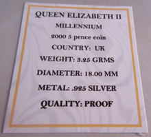 Load image into Gallery viewer, 2000 QEII MILLENNIUM SILVER PROOF FIVE PENCE 5P COIN BOX &amp; COA
