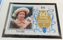 Load image into Gallery viewer, 1986 QUEEN ELIZABETH II 60TH BIRTHDAY TUVALU STAMPS &amp; ALBUM SHEET
