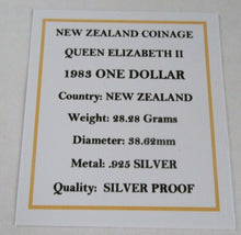 Load image into Gallery viewer, 1983 NEW ZEALAND COINAGE QUEEN ELIZABETH II SILVER PROOF 1 DOLLAR COIN BOX &amp; COA
