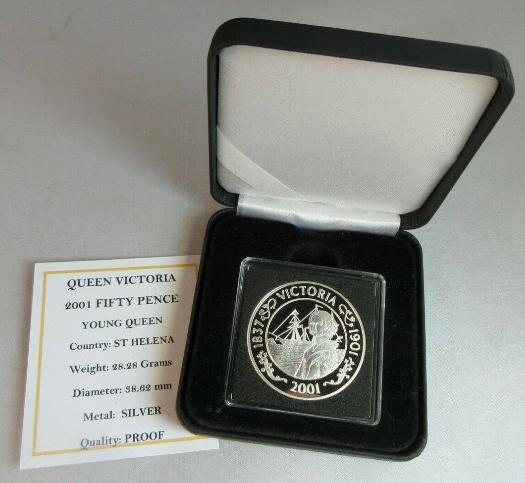 2001 QUEEN VICTORIA YOUNG QUEEN SILVER PROOF ST HELENA 50p FIFTY PENCE BOX & COA