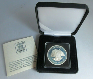 1502-2002 QE II ST HELENA QUINCENTENARY SILVER PROOF 50 PENCE CROWN BOXED