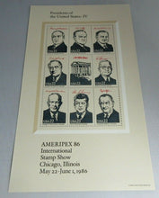 Load image into Gallery viewer, 1986 INTERNATIONAL STAMP SHOW PRESIDENTS OF THE UNITED STATES MNH 4 SHEETS
