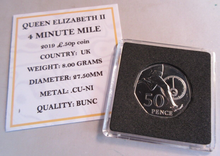 Load image into Gallery viewer, 2019 4 MINUTE MILE QEII BUNC 50P FIFTY PENCE COIN WITH QUAD CAPSULE &amp; COA
