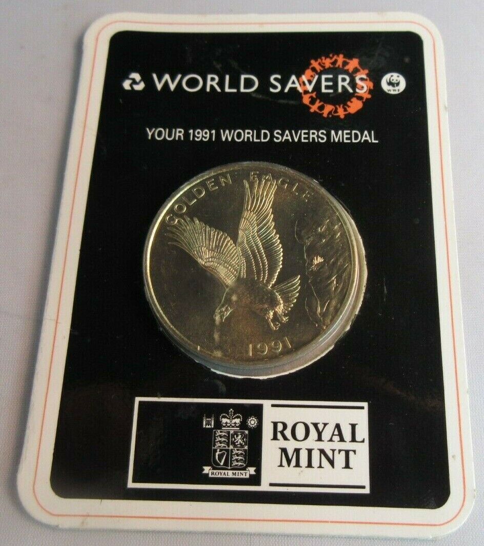 1991 GOLDEN EAGLE NATWEST WORLD SAVERS MEDAL ON ORIGINAL CARD