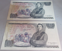 Load image into Gallery viewer, GILL QEII FIVE POUND £5 NOTES CONSECUTIVE NUMBERS RH36 264583/84 HAS STAIN
