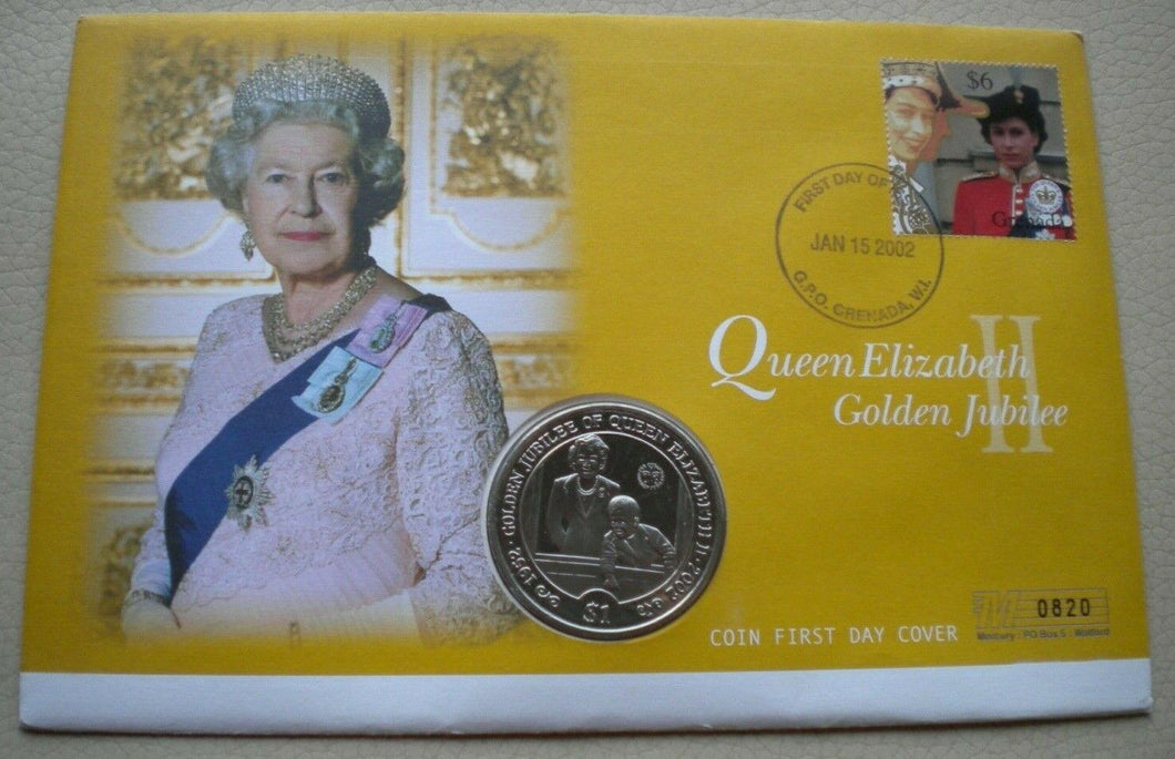 2002 QUEEN ELIZABETH GOLDEN JUBILEE ONE DOLLAR COIN FIRST DAY COVER PNC