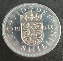 Load image into Gallery viewer, 1953 QUEEN ELIZABETH II PROOF ENGLISH ONE SHILLING COIN IN CAPSULE WITH COA
