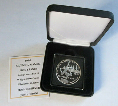 1992 OLYMPIC GAMES .999 SILVER PROOF 1992 BENIN 1000 FRANCS COIN BOX & COA