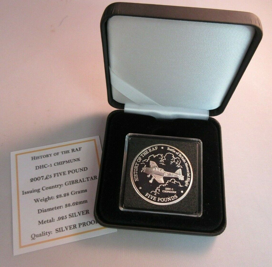 2007 HISTORY OF THE RAF DHC-1 CHIPMUNK GIBRALTAR SILVER PROOF £5 COIN BOX & COA