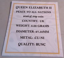 Load image into Gallery viewer, 2020 PEACE TO ALL NATIONS QEII BUNC 50P FIFTY PENCE COIN WITH QUAD CAPSULE &amp; COA
