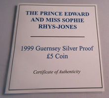 Load image into Gallery viewer, THE PRINCE EDWARD &amp; SOPHIE RHYS-JONES 1999 GUERNSEY SILVER PROOF £5 COIN BOXED
