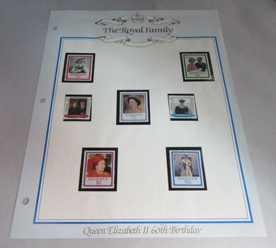 1986 QUEEN ELIZABETH II 60TH BIRTHDAY BARBADOS STAMPS &  ALBUM SHEET