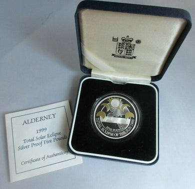 1999 TOTAL ECLIPSE OF THE SUN ALDERNEY SILVER PROOF £5 COIN BOX & COA