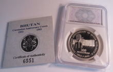 Load image into Gallery viewer, 1993 CORONATION ANNIVERSARY QEII BHUTAN SILVER 300 NGULTRUM COIN SLAB &amp; COA
