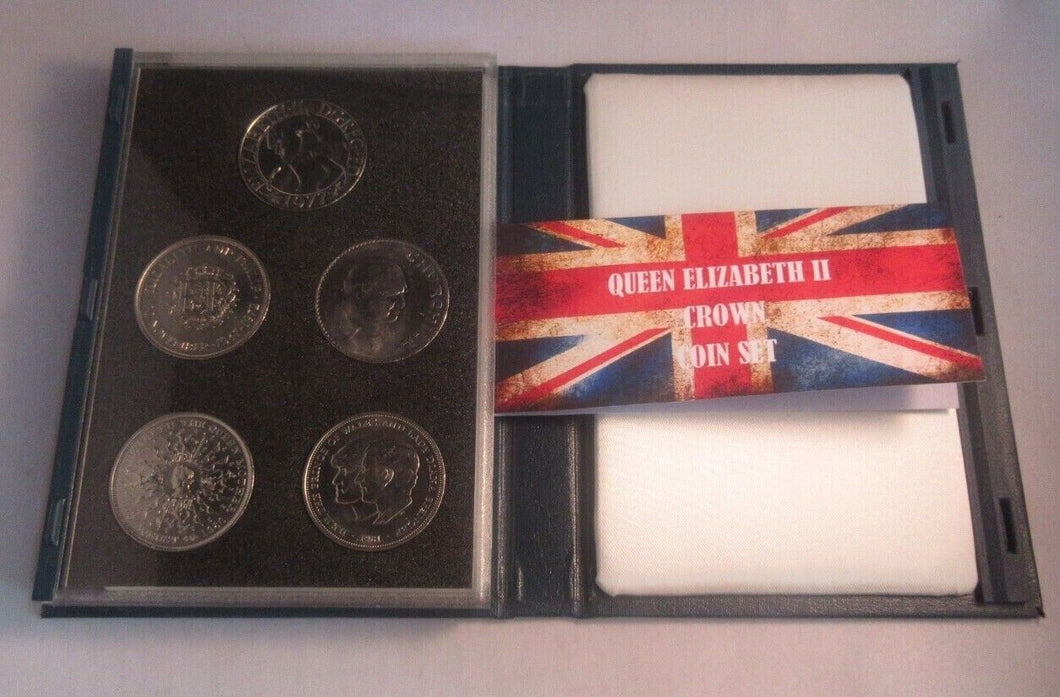 1965 - 1981 GREAT BRITAIN  BUnc CROWNS 5 COIN SET WITH ROYAL MINT BLUE BOOK