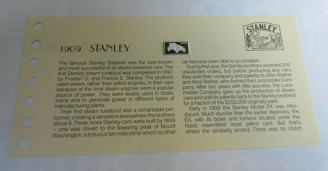 1909 STANLEY 15mm X 10mm 1.60gram SILVER INGOT WITH INFORMATION SLIP