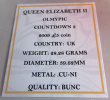 Load image into Gallery viewer, 2009 QEII OLYMPIC COUNTDOWN 3 BUNC £5 FIVE POUND COIN QUAD CAPSULE &amp; COA
