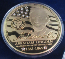 Load image into Gallery viewer, 2017 ABRAHAM LINCOLN &amp; JOHN F KENNEDY SWAROVSKI G/PLATED COPPER MEDAL SET BOXED

