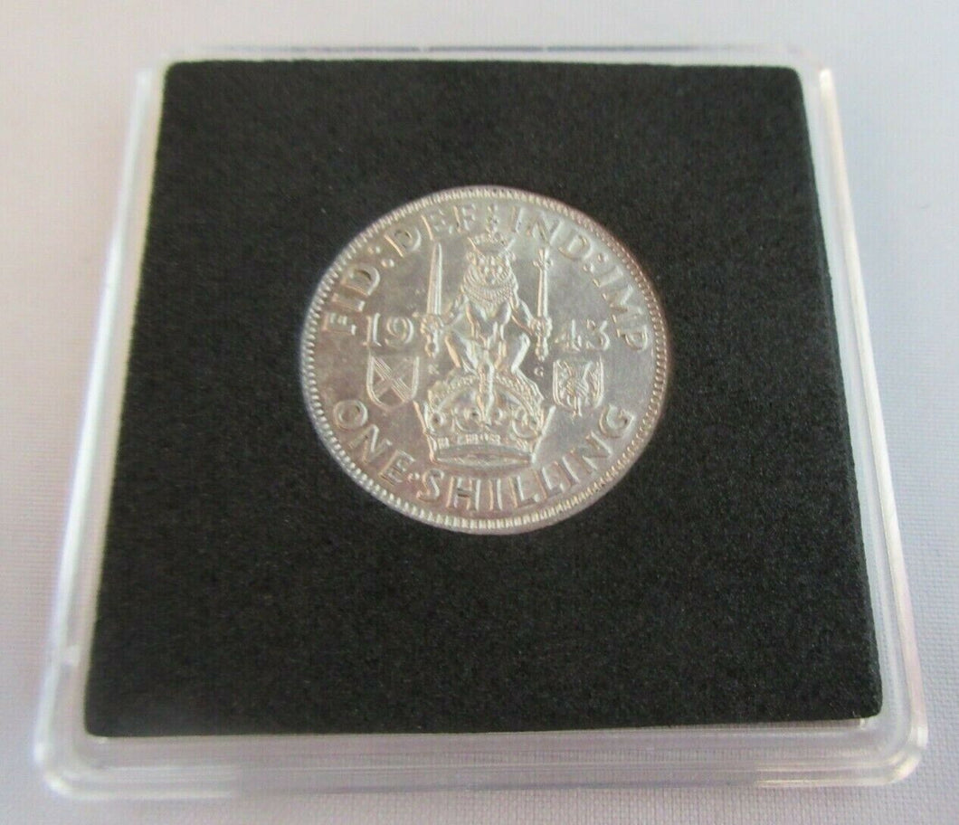 1943 KING GEORGE VI BARE HEAD .500 SILVER aUNC ONE SHILLING COIN & CAPSULE