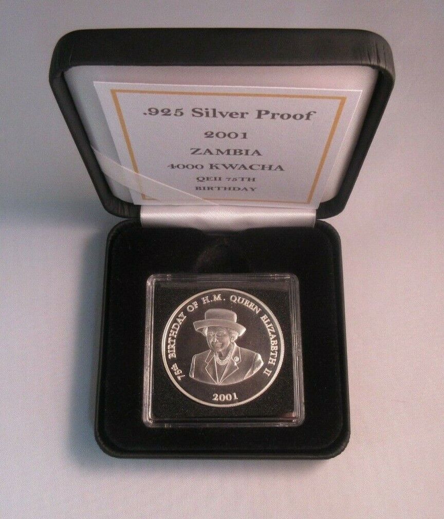 QEII 75th Birthday - 2001 Silver Proof 1oz Zambia 4000 Kwacha Coin BoxCOA