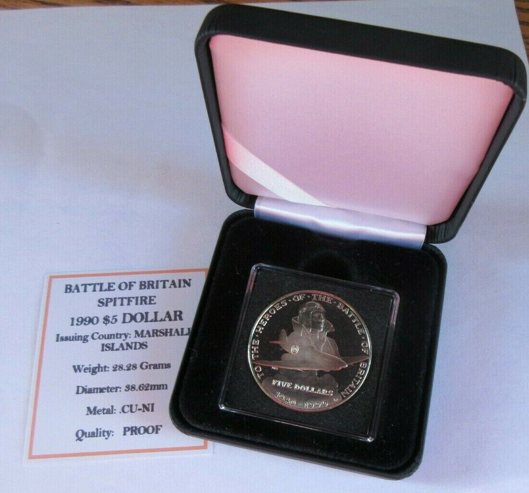 1990 BATTLE OF BRITAIN SPITFIRE MARSHALL ISLANDS PROOF $5 COIN BOX & COA