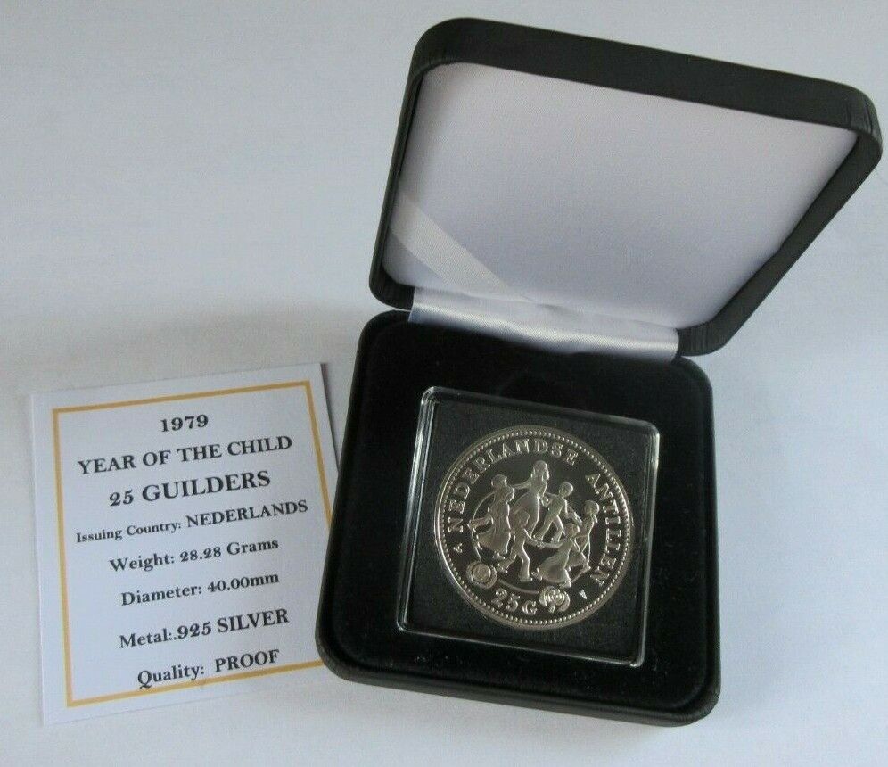 1979 YEAR OF THE CHILD NEDERLANDSE 25 GUILDERS SILVER PROOF COIN COA & BOX