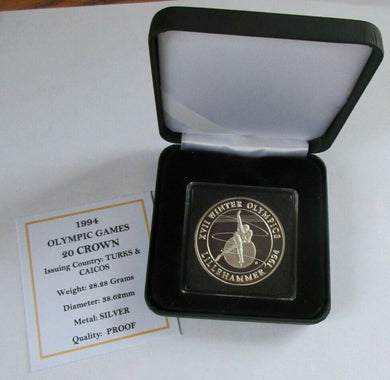 1994 WINTER OLYMPIC GAMES LILLEHAMMER SILVER PROOF 1993 20 CROWN COIN BOX & COA