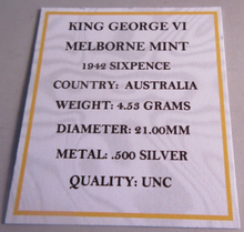 Load image into Gallery viewer, 1942 KING GEORGE VI MELBOURNE MINT .500 SILVER UNC 6d SIXPENCE COIN BOX &amp; COA
