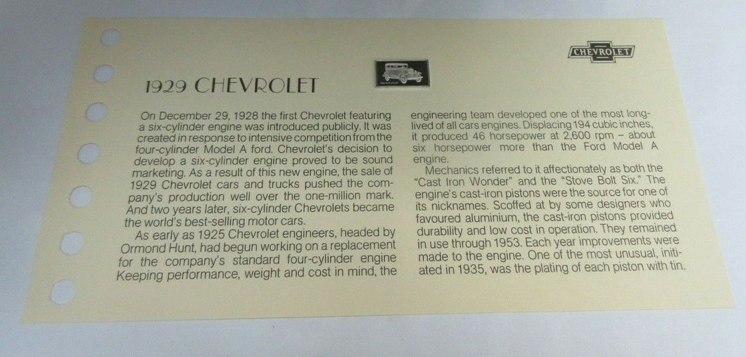 1929 CHEVROLET 15mm X 10mm 1.60gram SILVER INGOT WITH INFORMATION SLIP