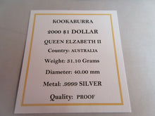 Load image into Gallery viewer, 2000 KOOKABURRA QUEEN ELIZABETH II SILVER PROOF AUSTRALIA $1 ONE DOLLAR BOX&amp;COA
