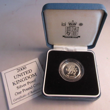 Load image into Gallery viewer, 2000 UK £1 WALES THE DRAGON ONE POUND COIN SILVER PROOF BOX &amp; COA
