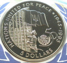 Load image into Gallery viewer, 1945-1995 NATIONS UNITED FOR PEACE BARBADOS 5 DOLLAR COMMEMORATIVE COINCOVER PNC

