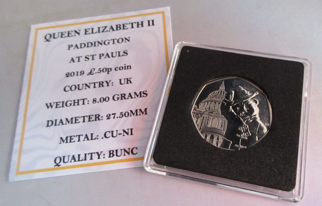 2019 PADDINGTON AT ST PAULS QEII BUNC 50P FIFTY PENCE COIN QUAD CAPSULE & COA