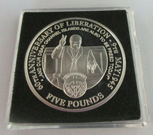 Load image into Gallery viewer, 60TH ANNIVERSARY OF THE LIBERATION ALDERNEY 2005 SILVER PROOF £5 COIN BOX &amp; COA
