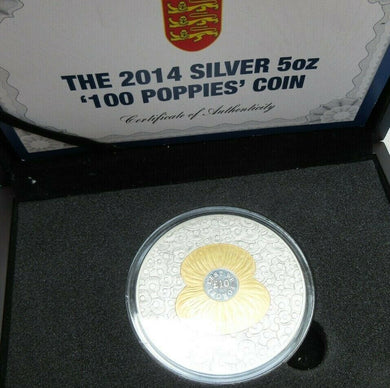 2014 SILVER PROOF £10 JERSEY 5 OZ COIN LEST WE FORGET POPPY COIN SELECTIVE GOLD