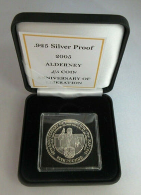 60TH ANNIVERSARY OF THE LIBERATION ALDERNEY 2005 SILVER PROOF £5 COIN BOX & COA