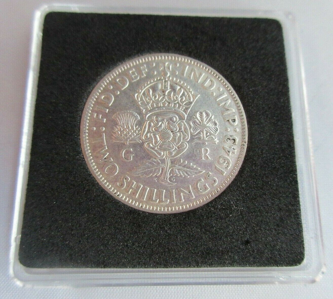 1943 KING GEORGE VI  .500 SILVER FLORIN TWO SHILLINGS COIN WITH QUADRANT CAPSULE