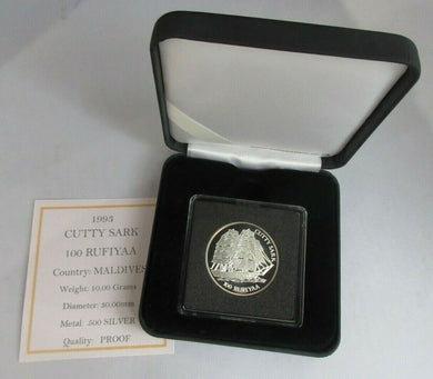 1993 CUTTY SARK SILVER PROOF 100 RUFIYAA COIN MALDIVES WITH BOX & COA