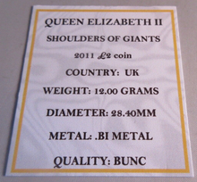 Load image into Gallery viewer, 2011 SHOULDERS OF GIANTS QEII BUNC £2 TWO POUND COIN WITH QUAD CAPSULE BOX &amp; COA
