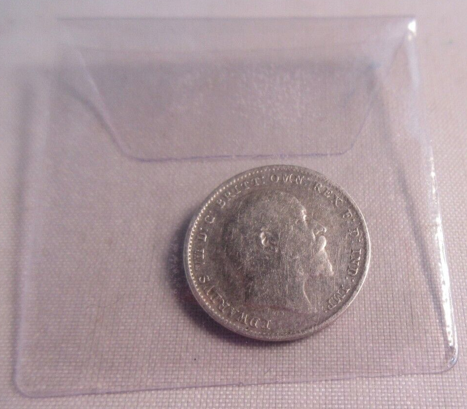 1908 KING EDWRD VII BARE HEAD .925 SILVER 3d THREE PENCE COIN IN CLEAR FLIP