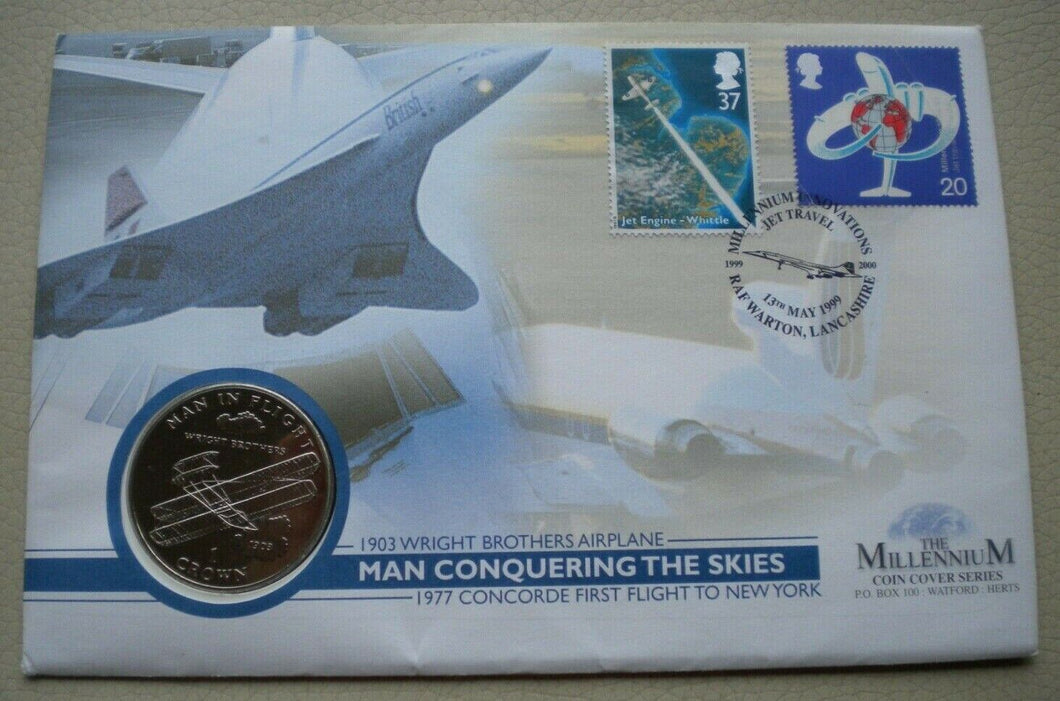 1995 MAN CONQUERING THE SKIES QEII ISLE OF MAN 1 CROWN COIN PNC