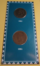 Load image into Gallery viewer, INDIAN HEAD PENNIES ISSUED 1883 &amp; 1884 WITH POSTAGE STAMPS ON ALBUM INFO SHEET
