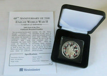 Load image into Gallery viewer, 2005 60TH ANNIVERSARY OF THE END OF WWII QEII SILVER PROOF FIFTY PENCE BOX/COA
