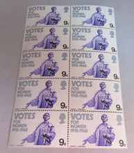 Load image into Gallery viewer, 1968 VOTES FOR WOMEN 9d BLOCK 10 X STAMPS MNH WITH CLEAR FRONTED STAMP HOLDER
