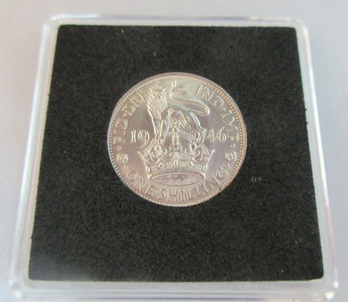 1946 KING GEORGE VI BARE HEAD .500 SILVER ONE SHILLING COIN BUNC WITH CAPSULE