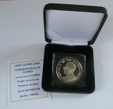 1986 COMMONWEALTH GAMES GAMBIA SILVER PROOF 10 DALASIS COIN BOX & COA