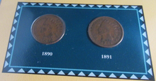 Load image into Gallery viewer, INDIAN HEAD PENNIES ISSUED 1890 &amp; 1891 WITH POSTAGE STAMPS ON ALBUM INFO SHEET
